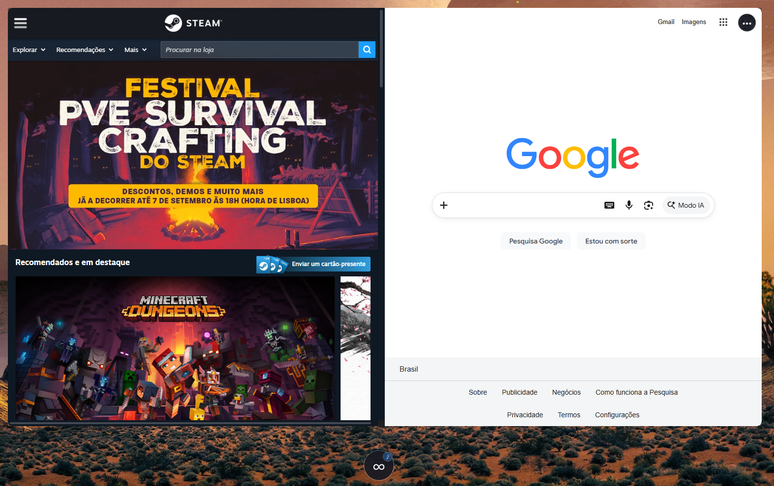Jormun mostrando Steam e Google simultaneamente no desktop, com o controle flutuante do navegador